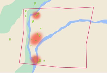 AIで予測した地雷埋設エリア(赤円)と、実際に埋設されていた位置(黄緑点)との比較(AIで予測するエリアを赤四角枠内にあらかじめ特定)